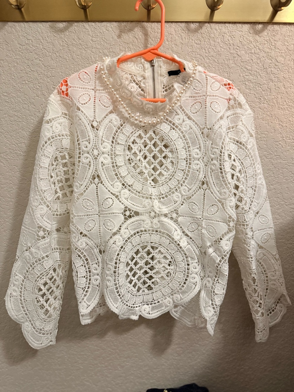 Forever 21 White Crochet Pearl-Trim Long Sleeve Blouse